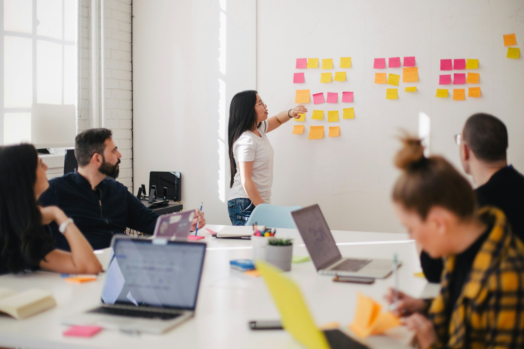 A team planning with sticky notes on a wall