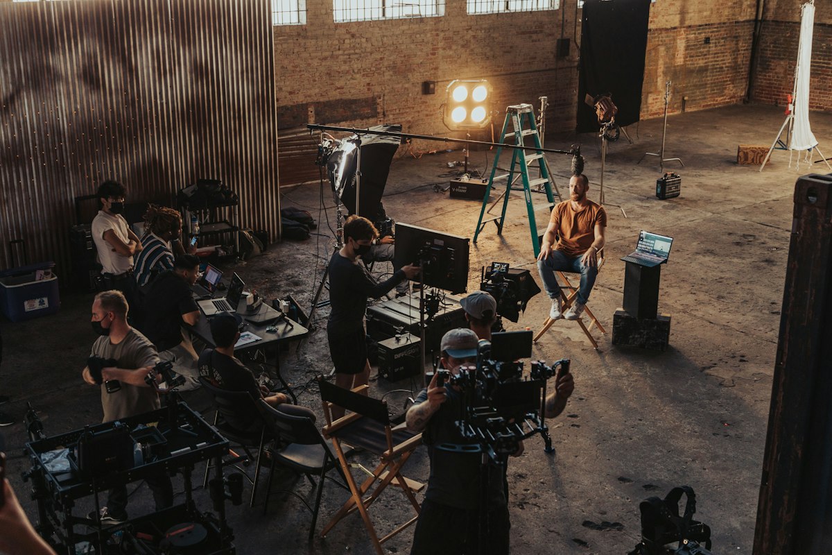 Crew gathered around a camera setup