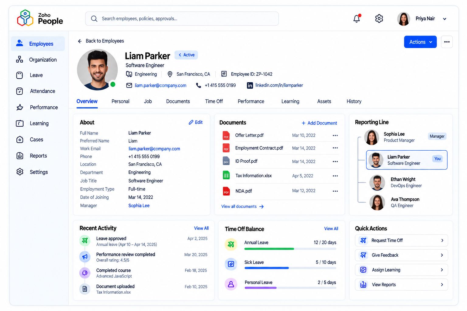 Employee record with documents and reporting line