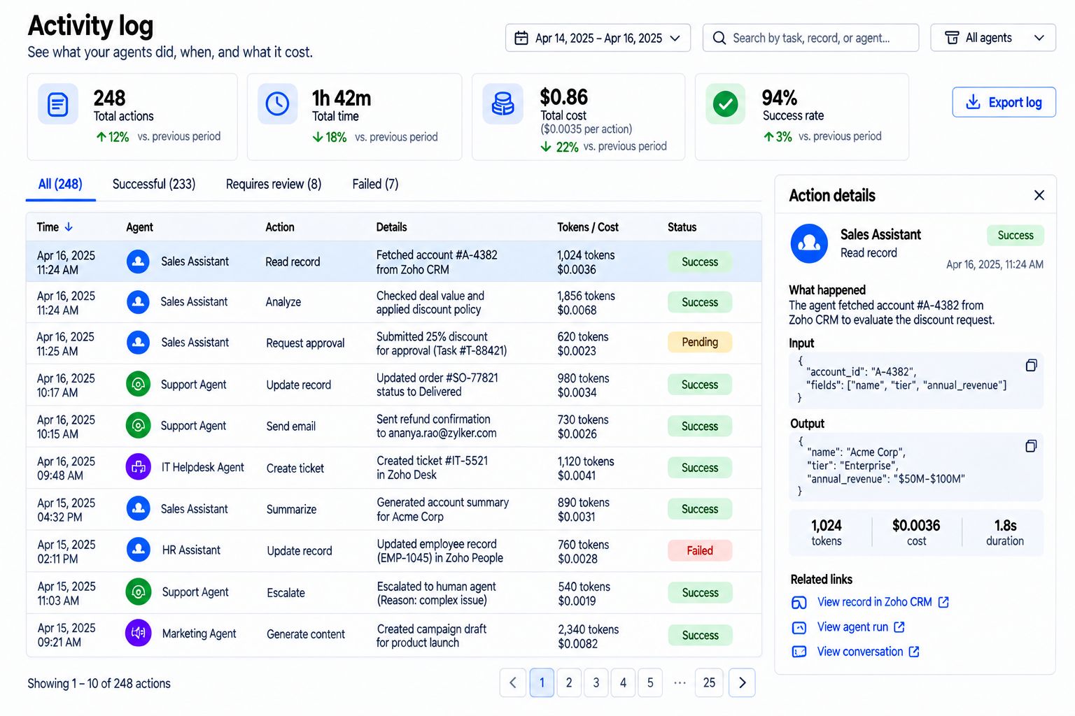 AI agent activity log handling a customer request
