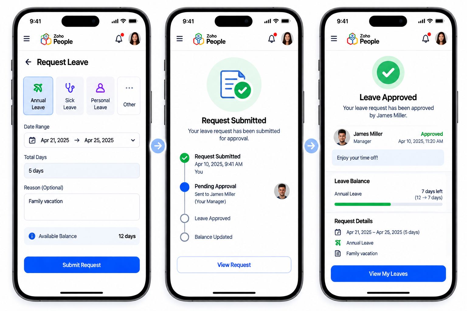 Leave request submitted and approved on mobile