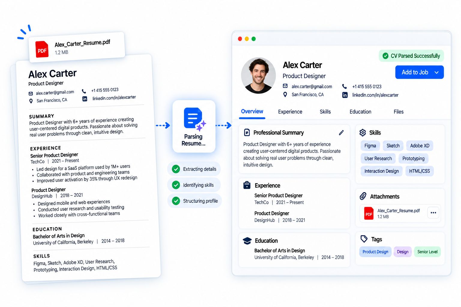 A resume parsed into a structured candidate profile