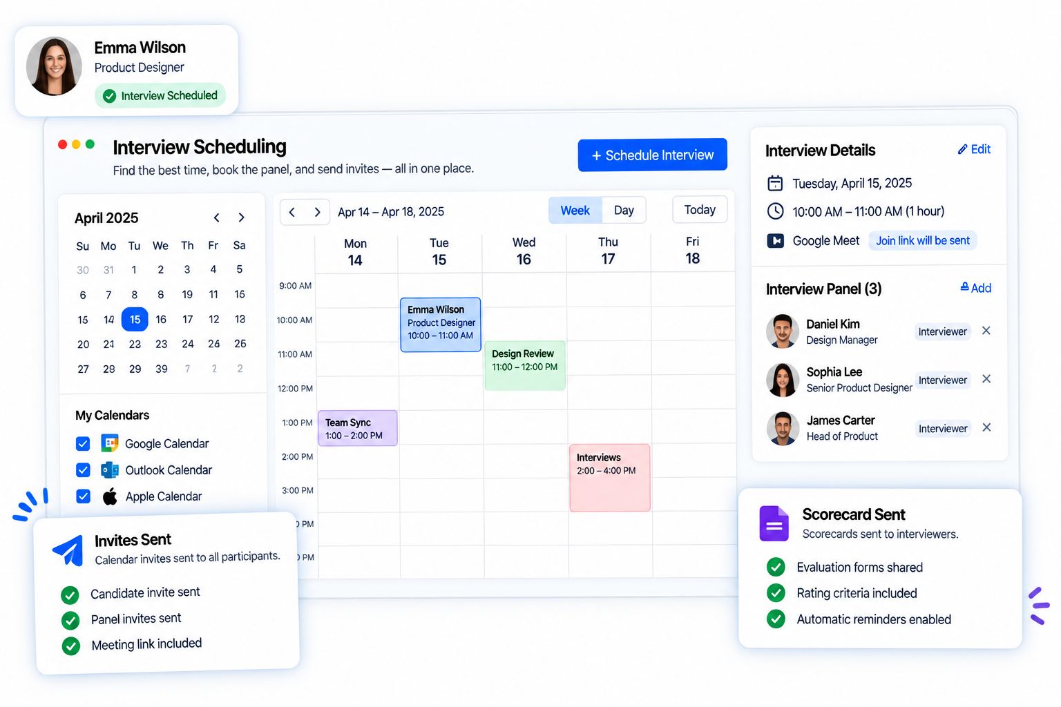 Interview scheduling with panel and calendars
