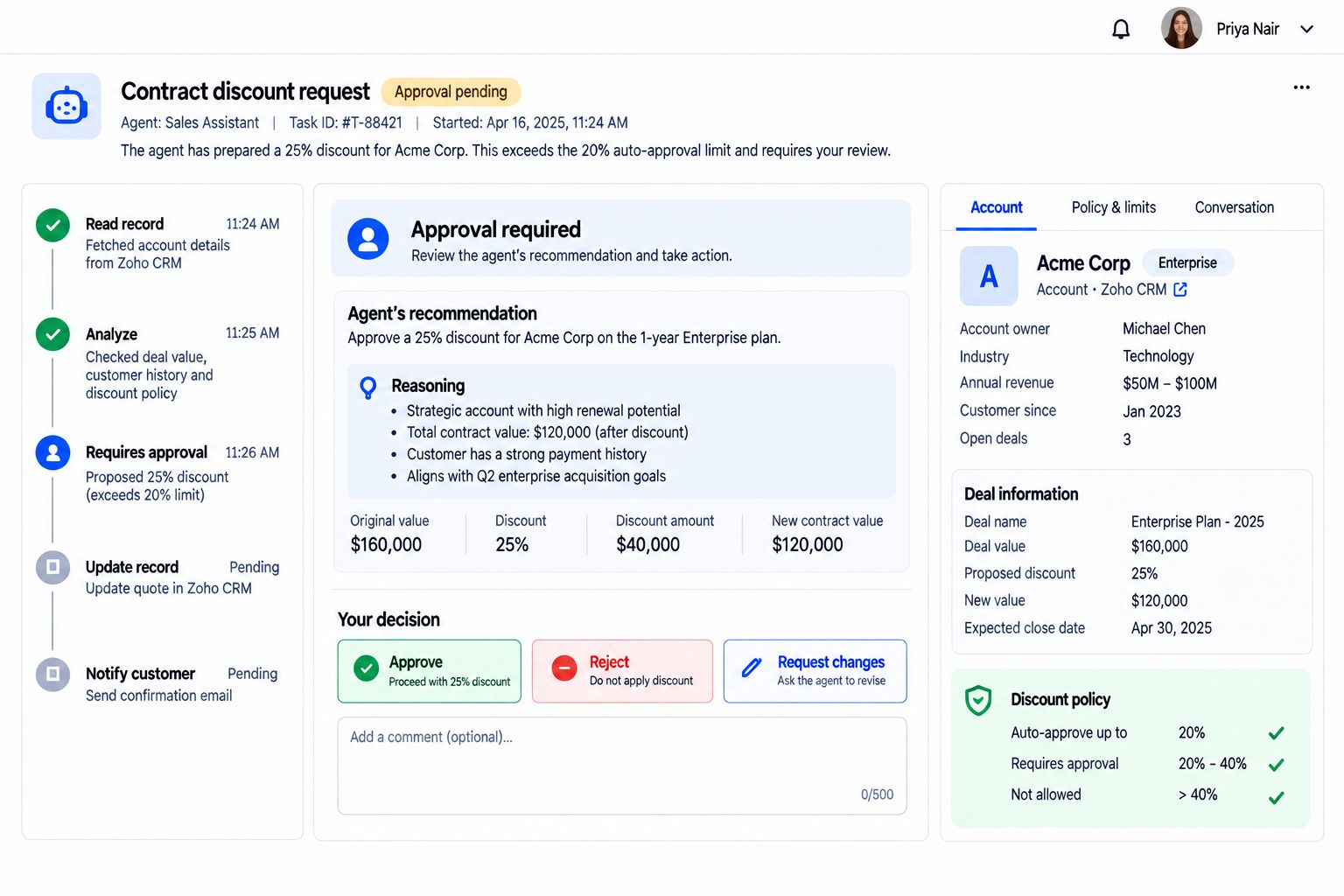 An AI agent’s discount recommendation waiting for a person to approve, reject or request changes