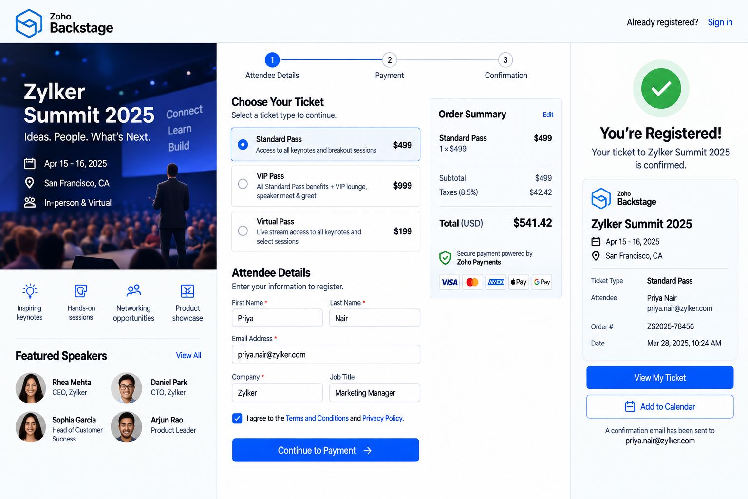 Ticket selection, attendee details and confirmation
