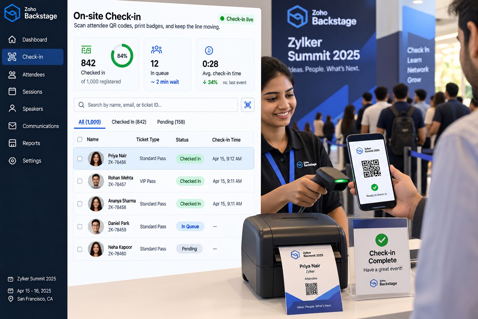 On-site QR check-in with badge printing