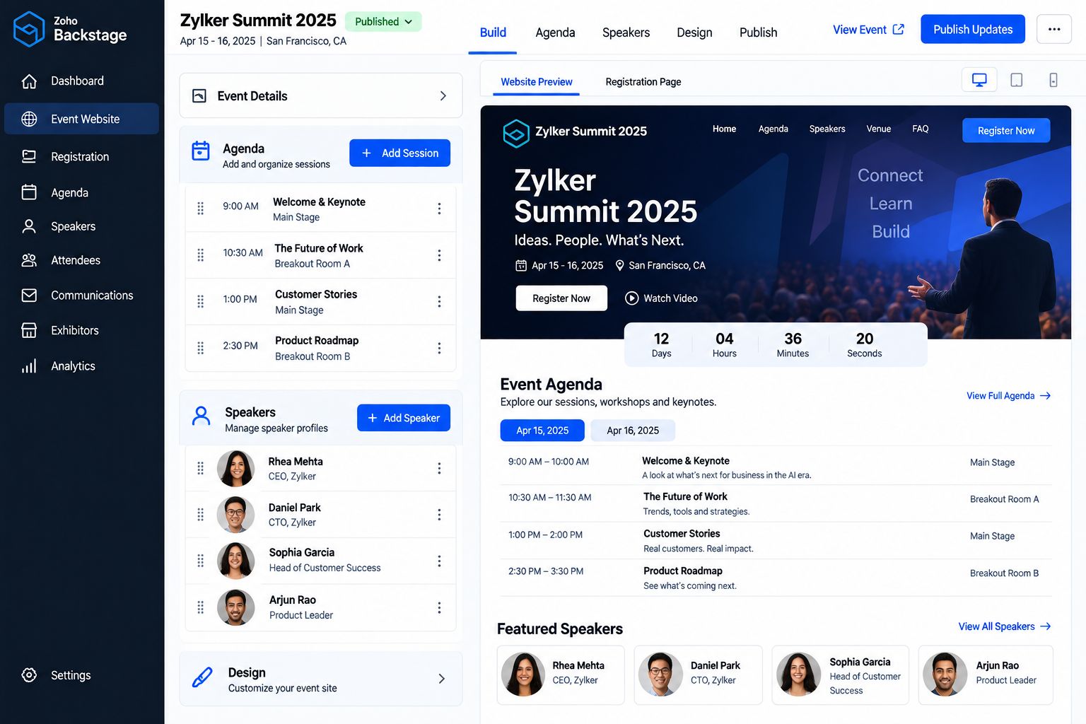 Event website builder with agenda and speakers