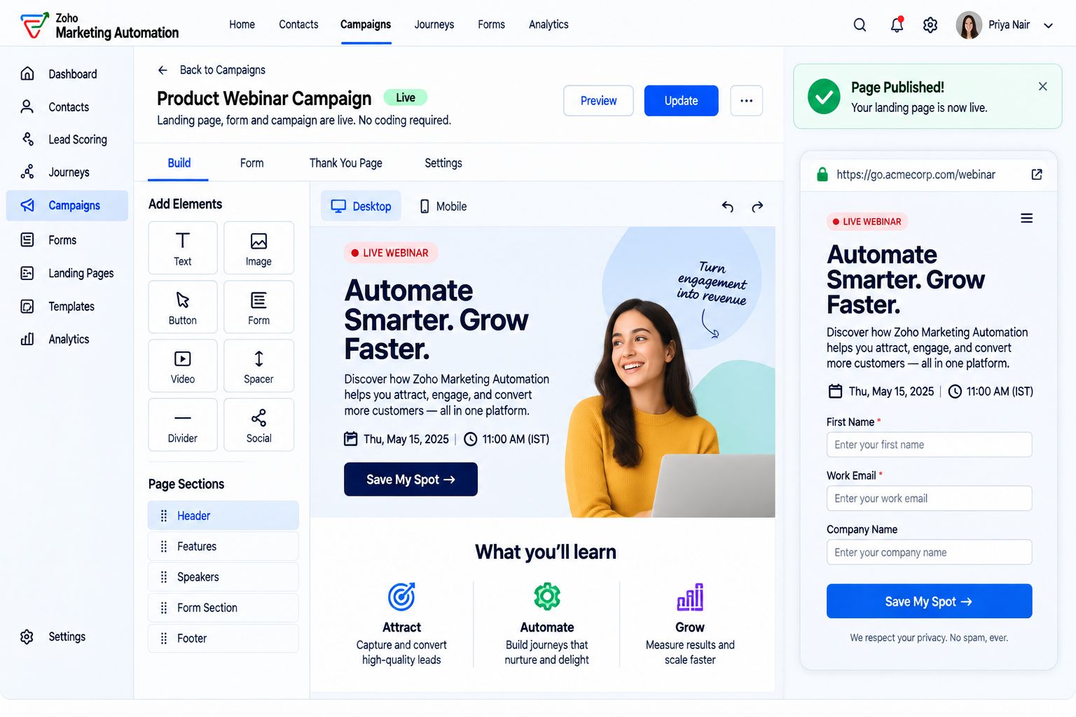 Landing page builder with the page published live
