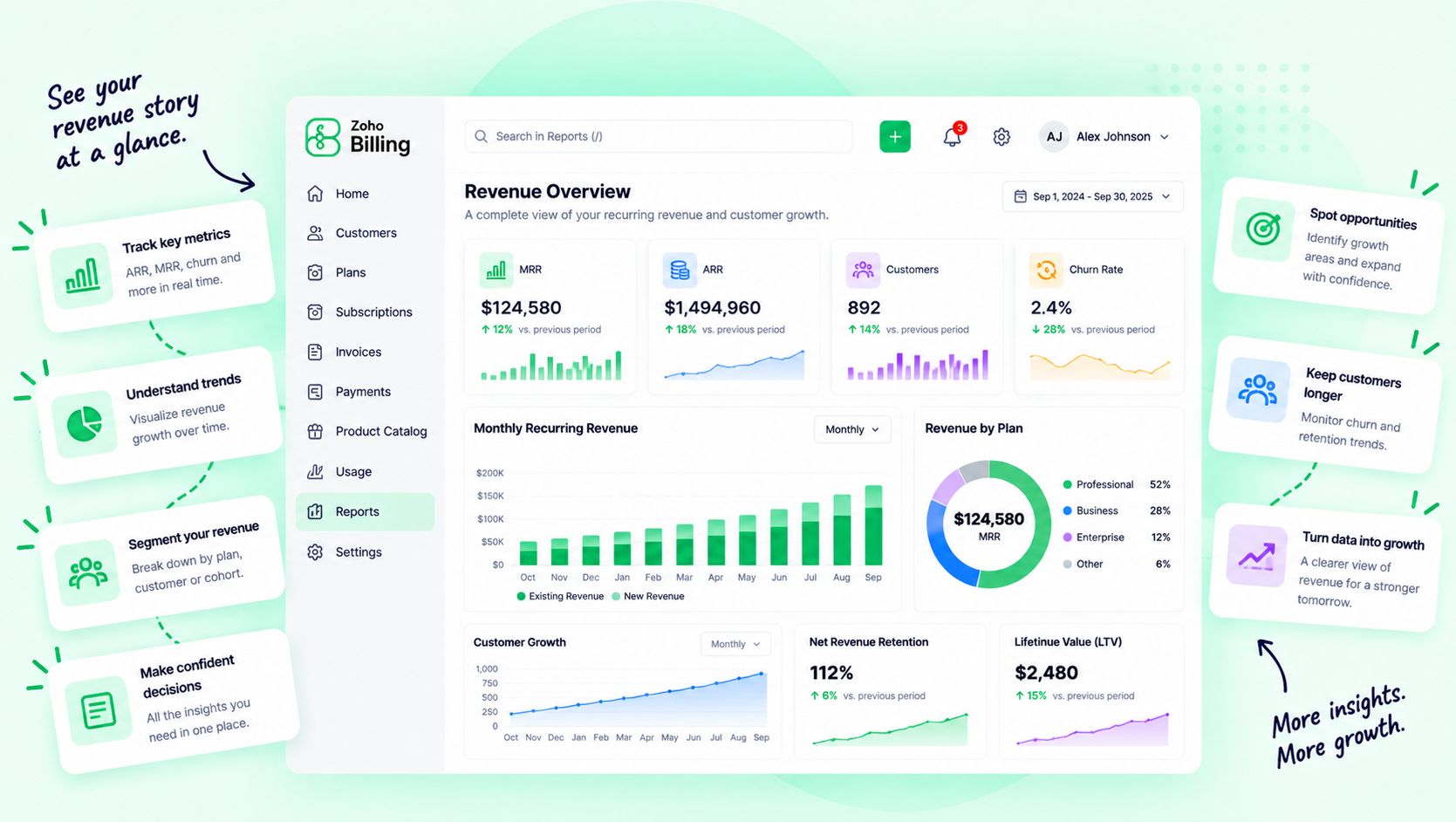 A revenue overview with recurring revenue, churn, customer growth and revenue by plan