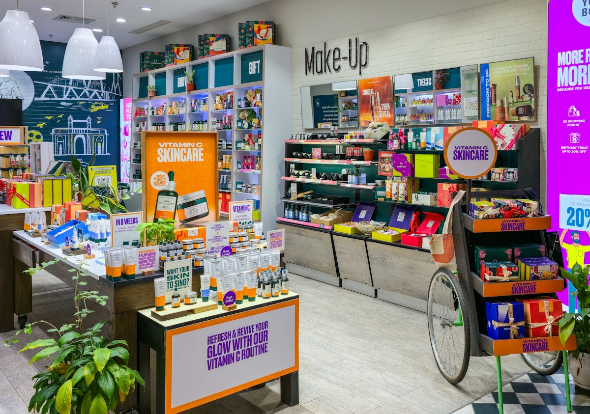 A merchandised store with products, gift sets and promotional displays