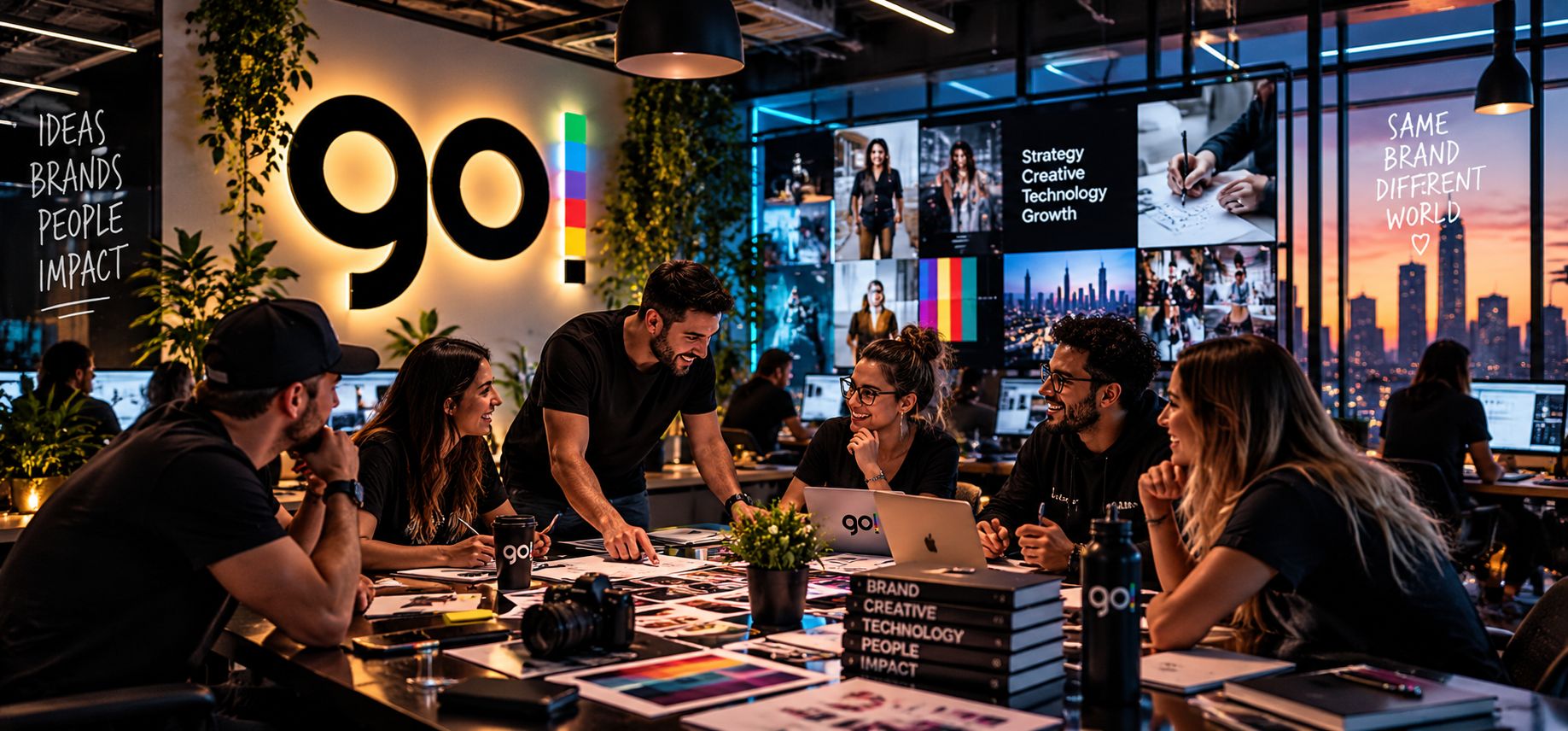 Creative team brainstorming under neon lighting