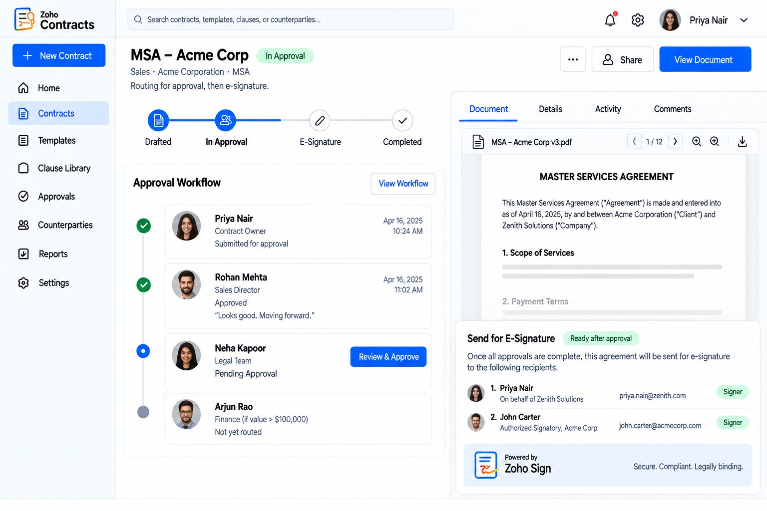 Contract approval workflow in Zoho Contracts