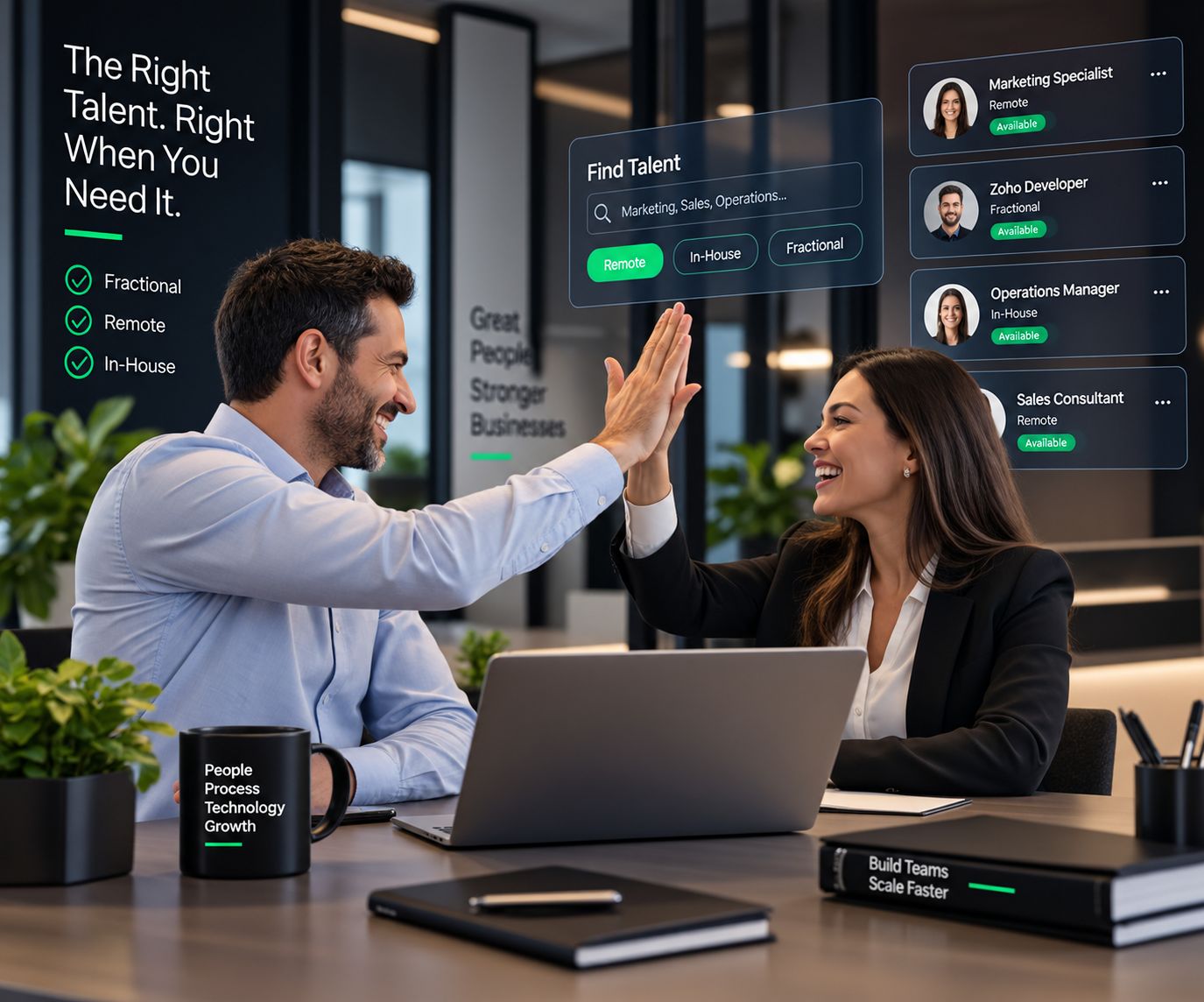 Two colleagues sharing a high five at a desk in a modern office