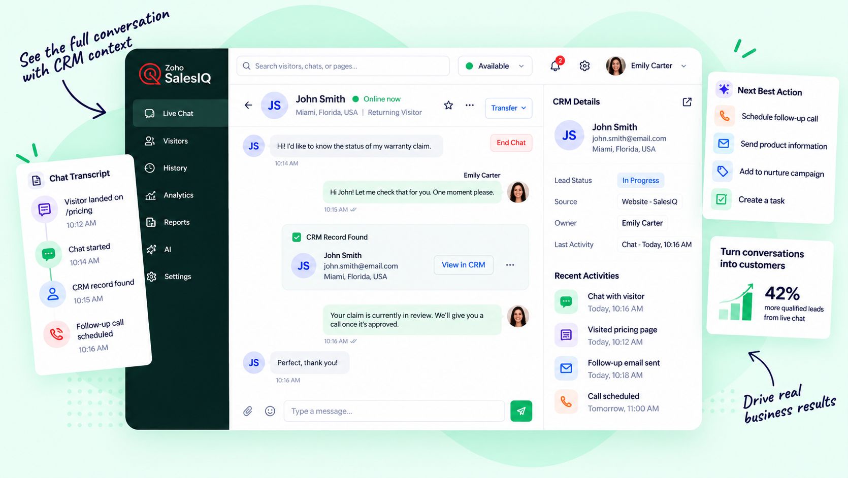 Chat window showing linked CRM record