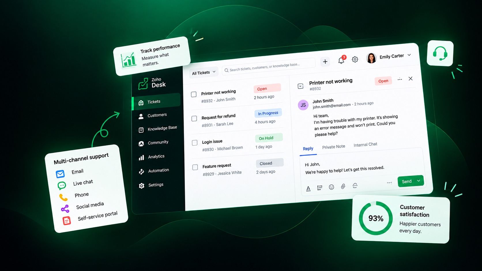 Zoho Desk ticket workspace with multi-channel support panel
