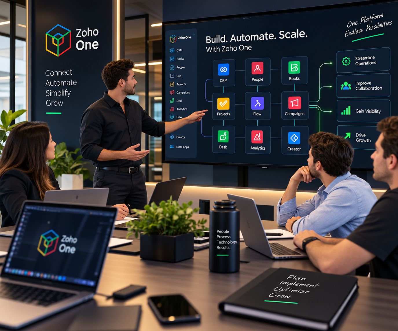 A team lead presenting connected business apps on a large screen to colleagues around a meeting table