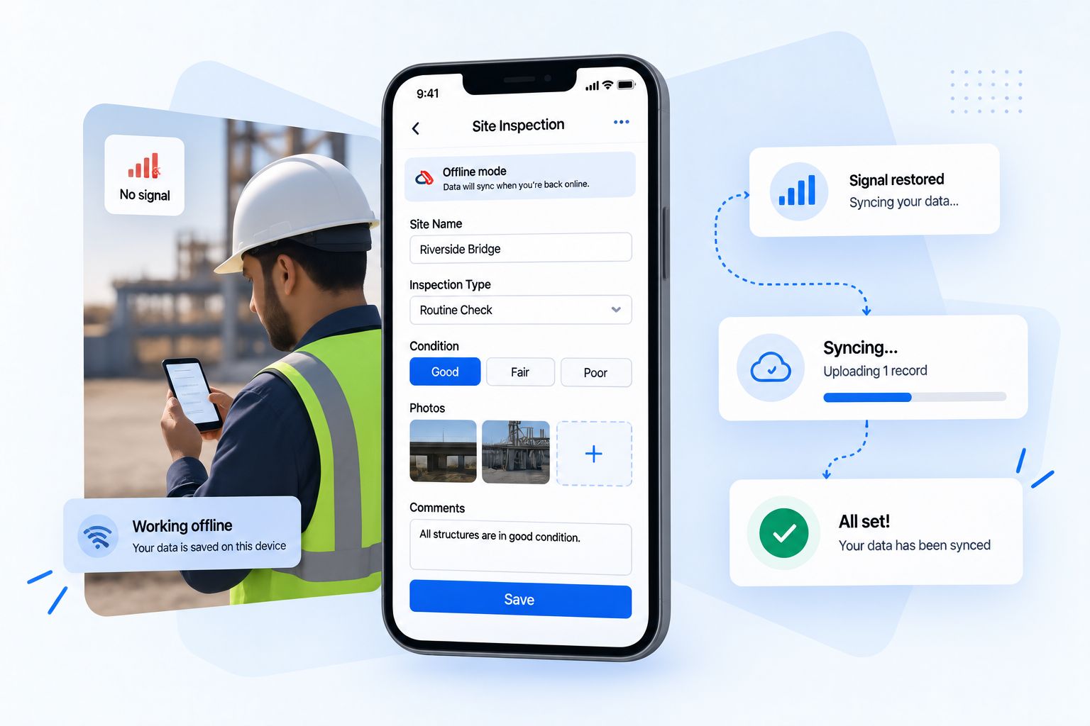 Field inspection app running offline on a phone