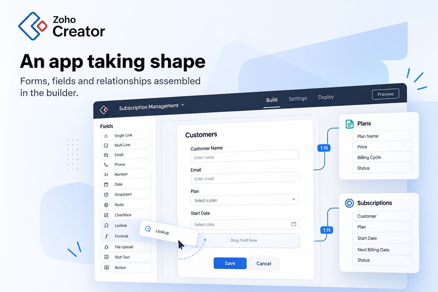 Zoho Creator form builder with fields and relationships