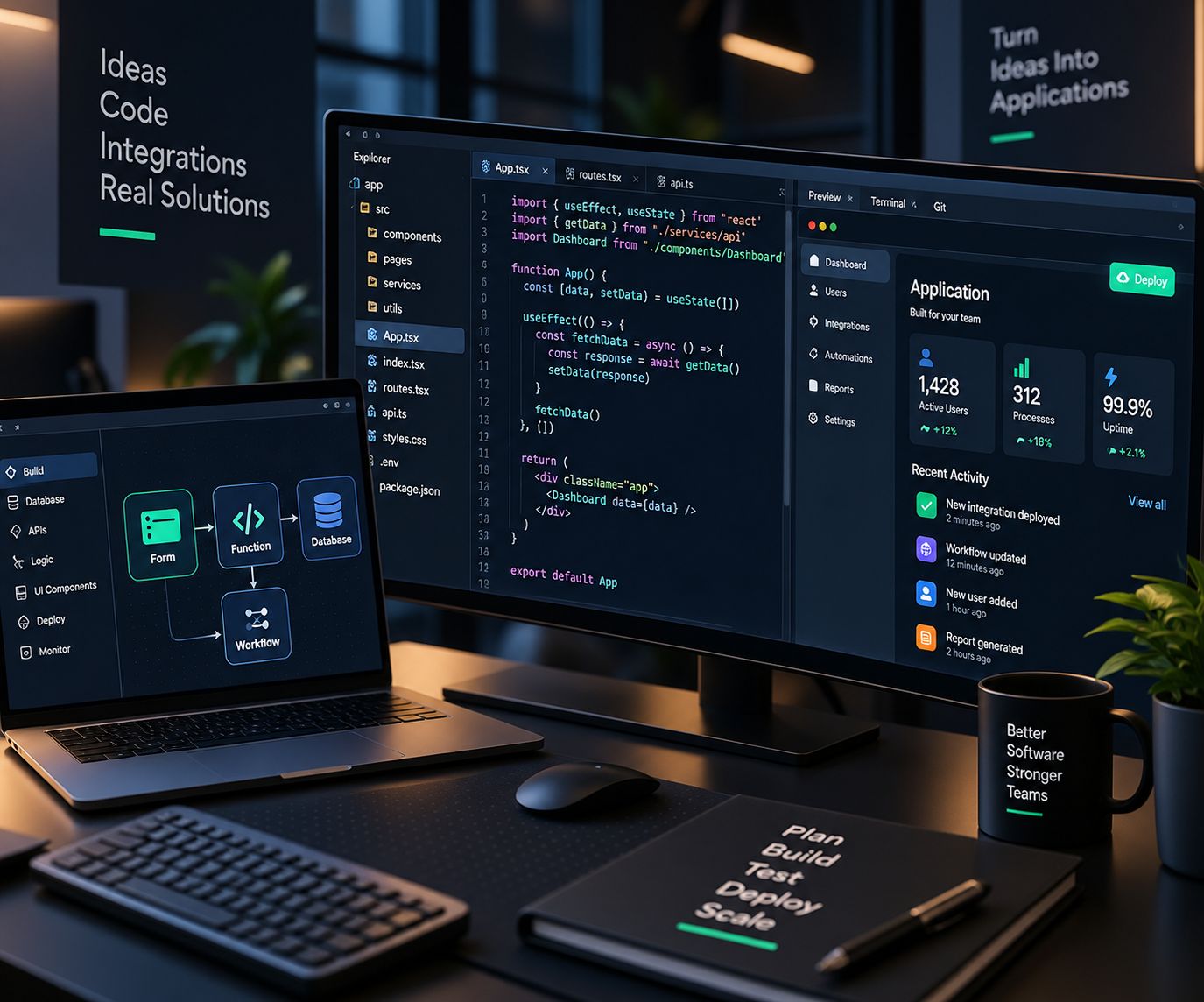A desk with a laptop showing a visual app builder and a monitor showing app code beside a live application dashboard