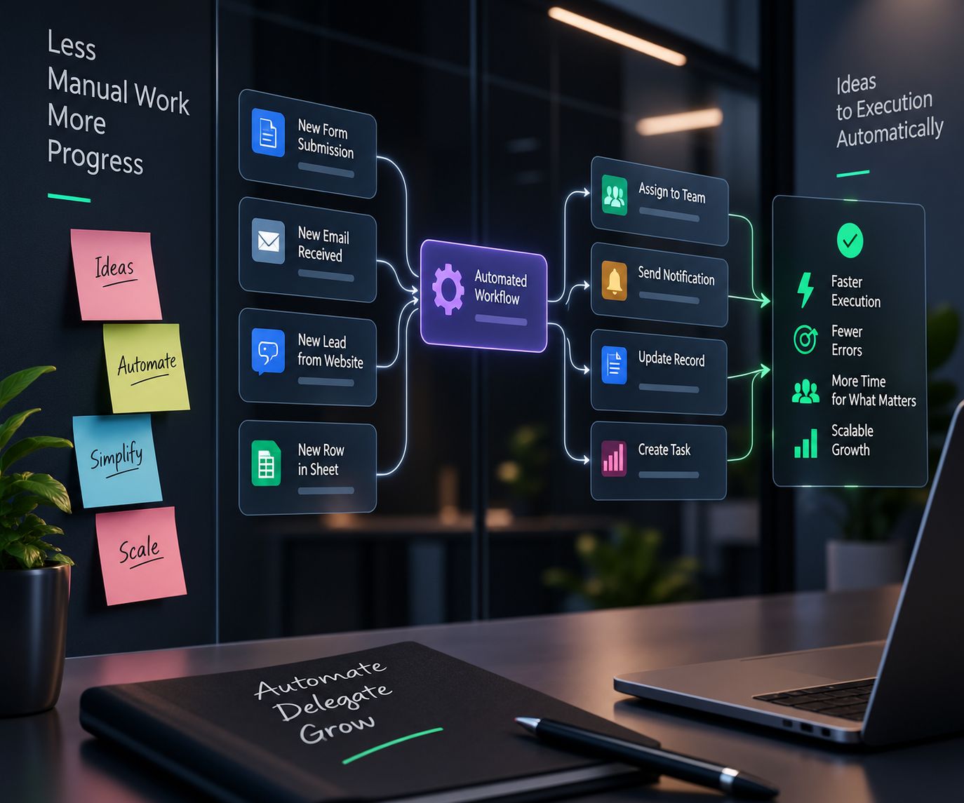Forms, emails, website leads and spreadsheet rows flowing through one automated workflow to teams, notifications, records and tasks