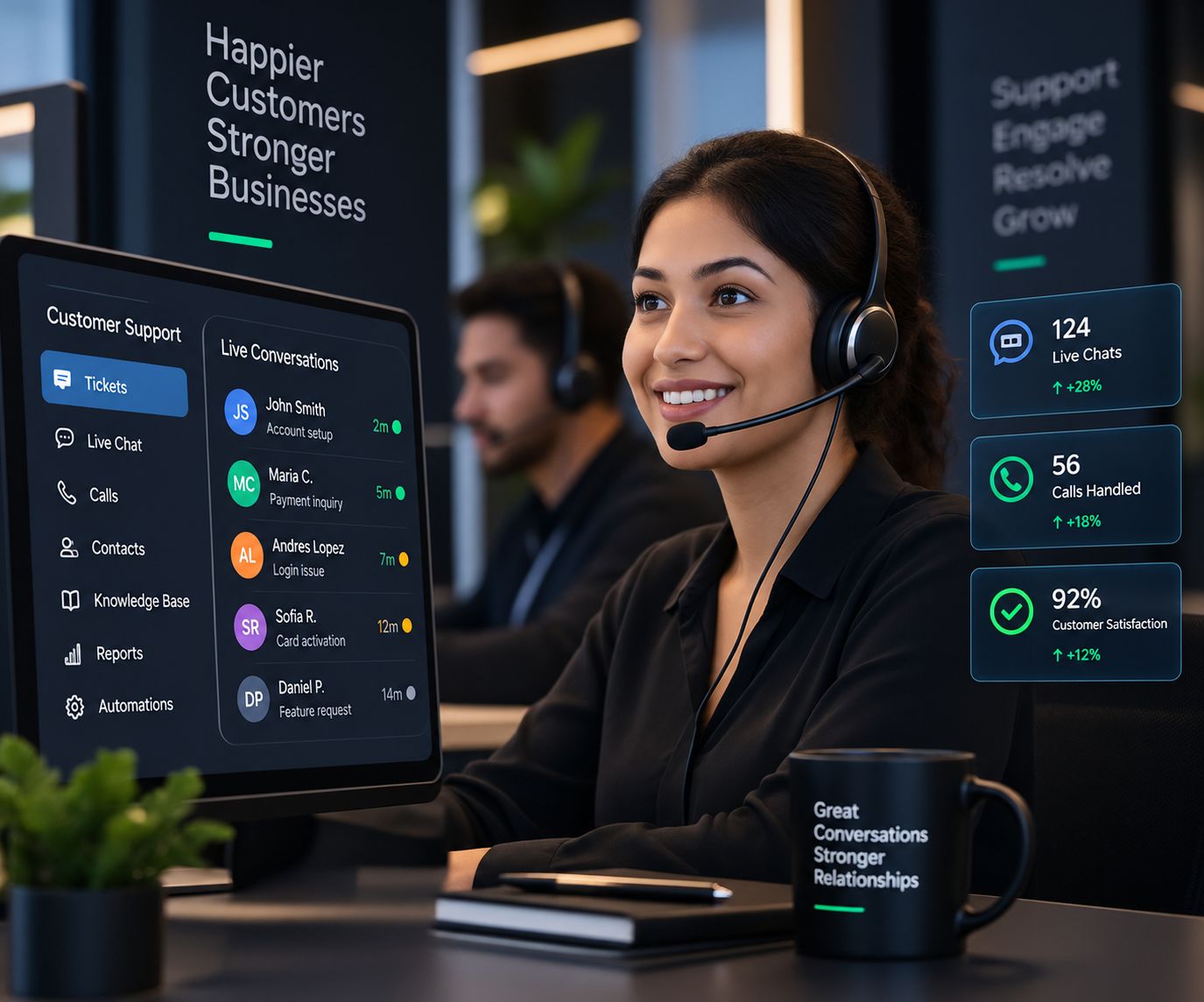 A support agent with a headset answering live customer conversations