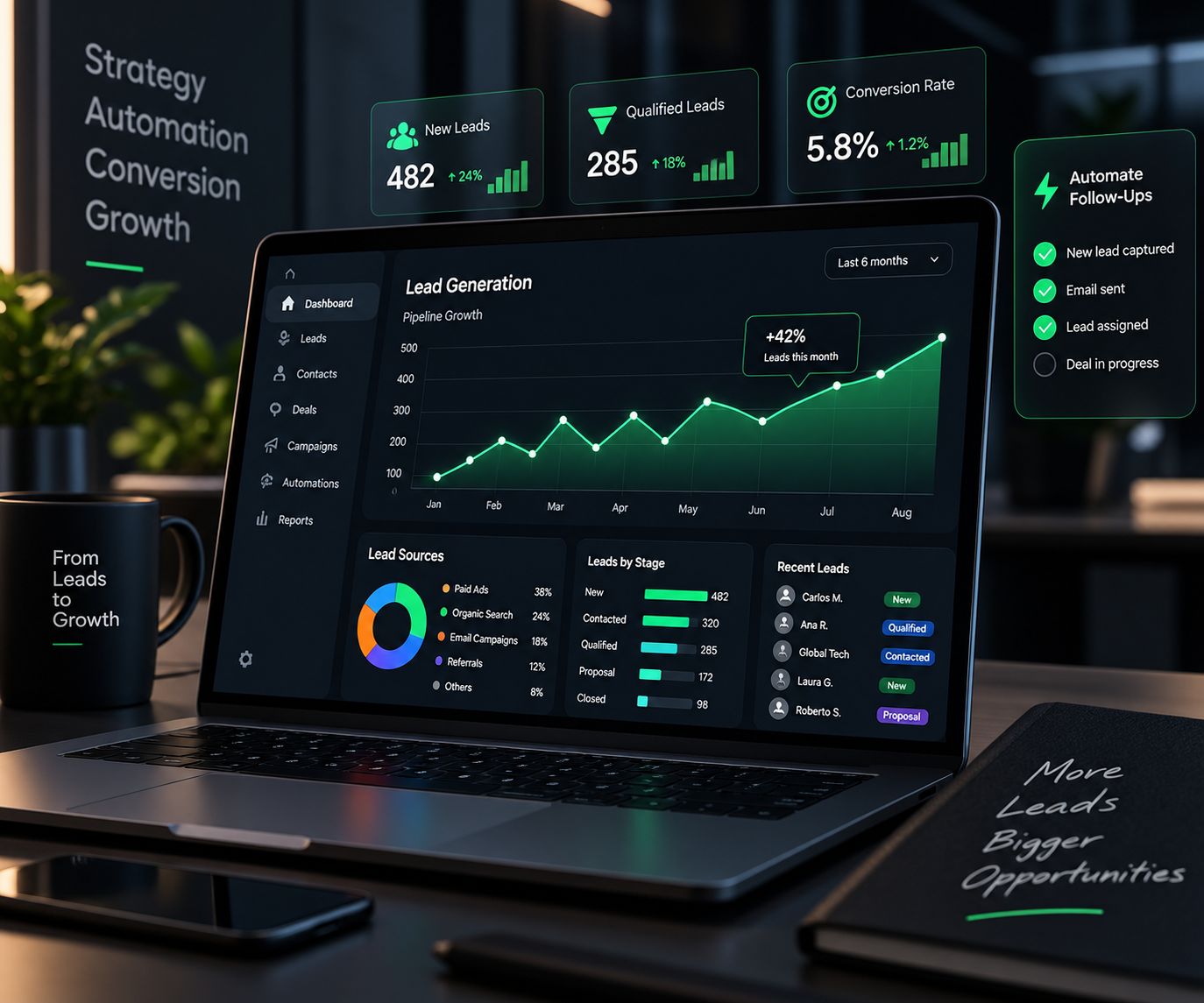 A laptop showing a lead generation dashboard with leads by stage, lead sources and automated follow-ups