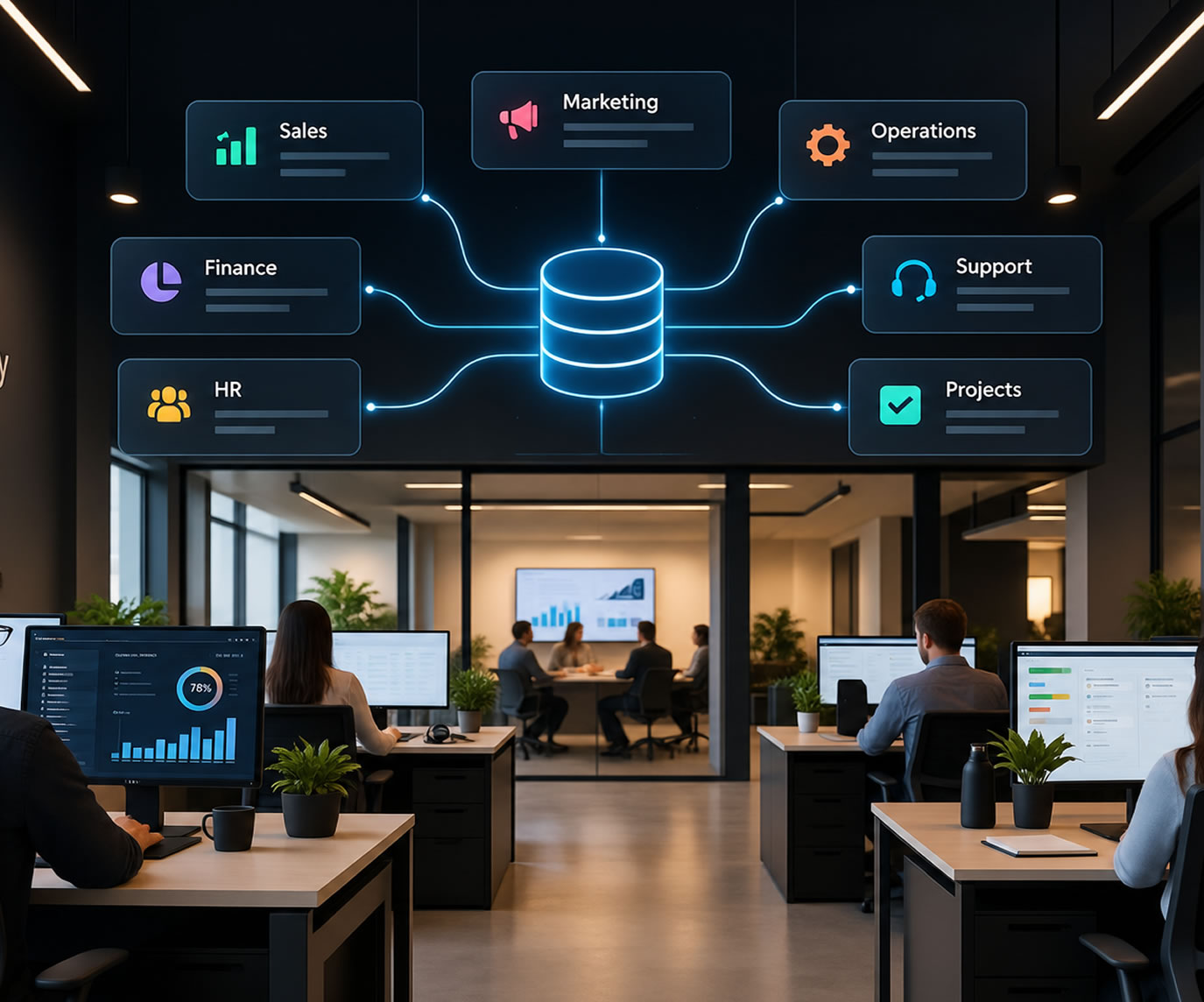An office where sales, marketing, finance, HR, support and projects connect to one central data hub