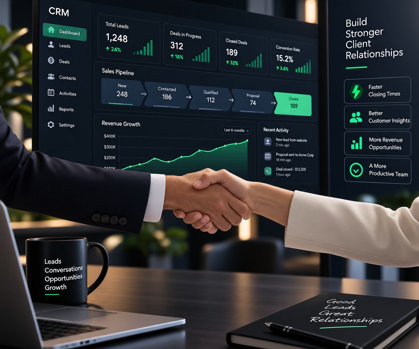 A handshake in front of a CRM sales pipeline dashboard